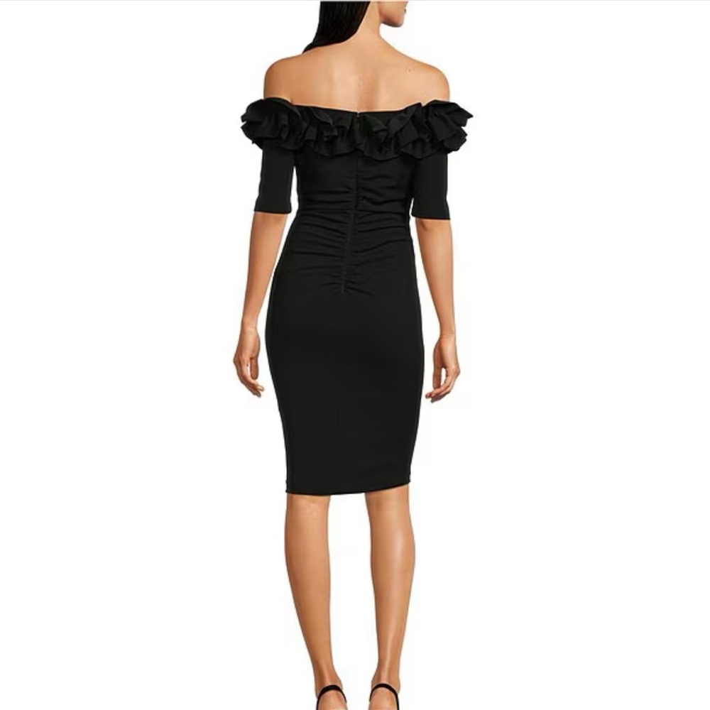 Xscape Black Ruffle Off-Shoulder Midi Dress - Picture 3 of 6